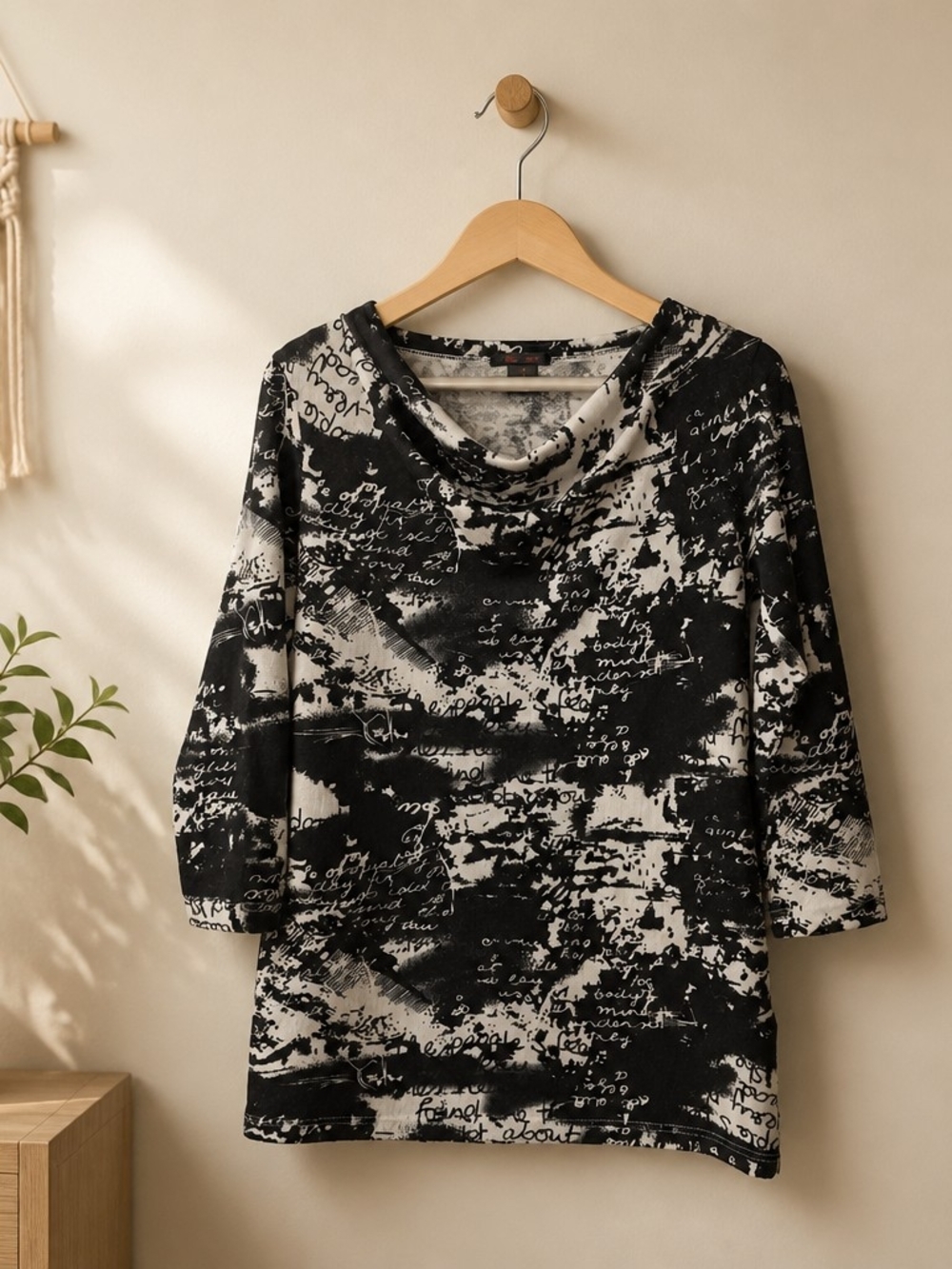 Cowl-Neck Script-Print Tunic in Black & White